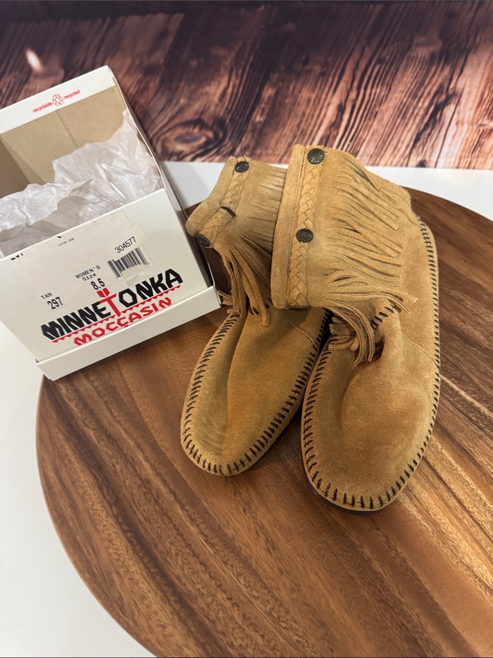 Minnetonka Wheat Suede Fringe Ankle Moccasins